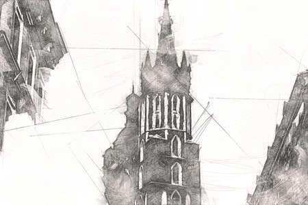 Old city Krakow art illustration retro vintageの写真素材