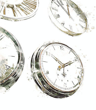 The dials of the old antique classic clocks on a vintage paper background