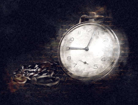 The dials of the old antique classic clocks on a vintage paper backgroundの写真素材