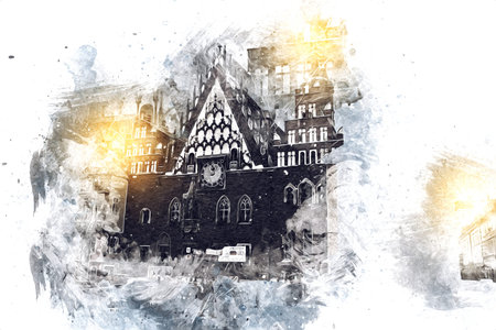 Wroclaw city poland retro vintage art drawing sketch illustration