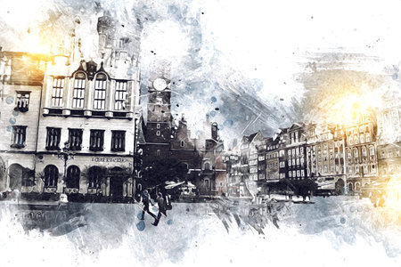 Wroclaw city poland retro vintage art drawing sketch illustration