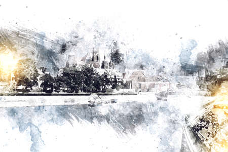 Wroclaw city poland retro vintage art drawing sketch illustrationの写真素材