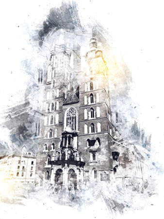 Old city Krakow art illustration retro vintageの写真素材