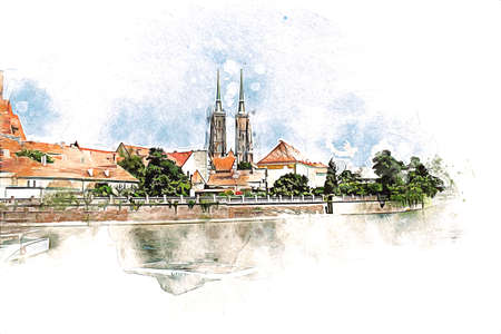 Wroclaw city poland retro vintage art drawing sketch illustrationの写真素材