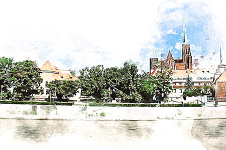 Wroclaw city poland retro vintage art drawing sketch illustration