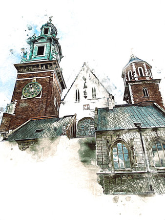 Old city Krakow art illustration retro vintage
