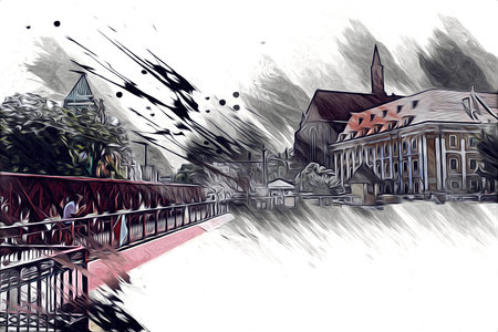 Wroclaw city poland retro vintage art drawing sketch illustrationの写真素材