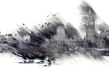 London big ben art drawing sketch illustration fun design vintage retroの写真素材