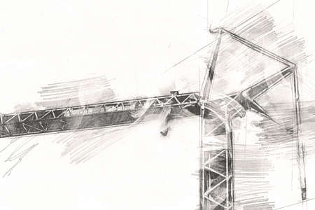 Building construction site with scaffolding vintage art illustration drawing sketchの写真素材