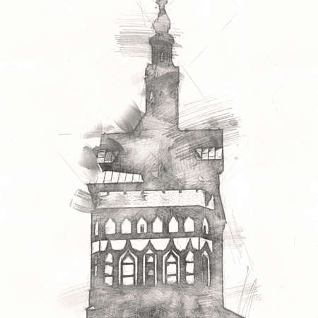 Watercolor sketch or illustration of a beautiful view of the architecture of the city of Gdansk in Polandの写真素材