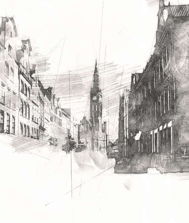 Watercolor sketch or illustration of a beautiful view of the architecture of the city of Gdansk in Polandの写真素材