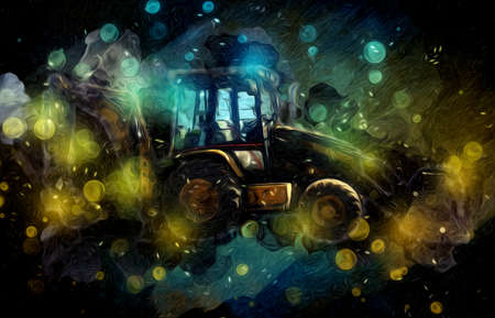 Excavator tractor illustration color isolated art work antique oldの写真素材