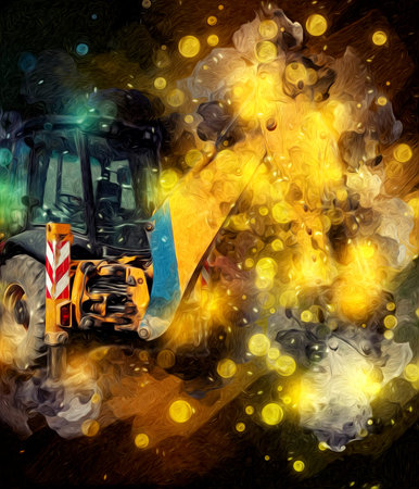 Excavator tractor illustration color isolated art work antique old