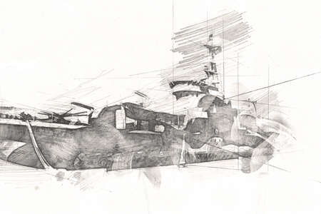 Battleship sea illustration antique vintage art drawingの写真素材