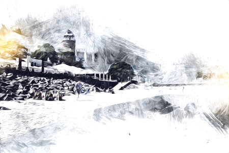 Beautiful beach with white sand, natural background for summer vacation art illustrationの写真素材