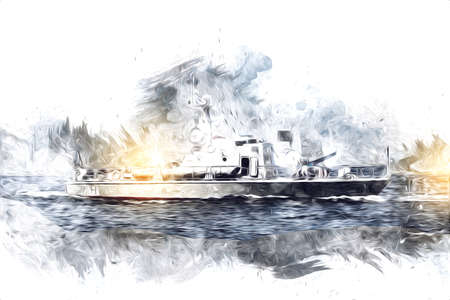 Military ship goes through the rough atlantic sea illustration vintage retro art drawingの写真素材