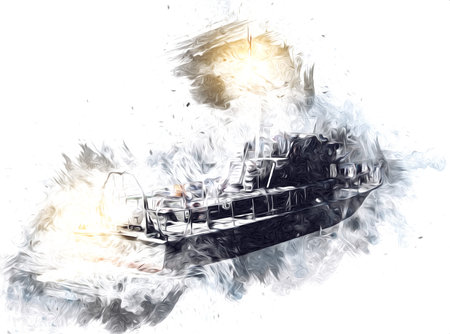 Military ship goes through the rough atlantic sea illustration vintage retro art drawing