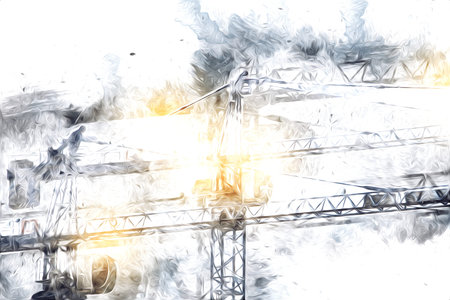 Building construction site with scaffolding vintage art illustration drawing sketch