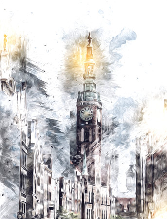 Watercolor sketch or illustration of a beautiful view of the architecture of the city of Gdansk in...