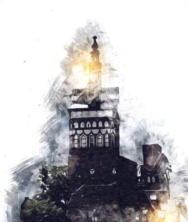 Watercolor sketch or illustration of a beautiful view of the architecture of the city of Gdansk in...