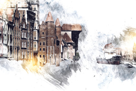 Watercolor sketch or illustration of a beautiful view of the architecture of the city of Gdansk in...