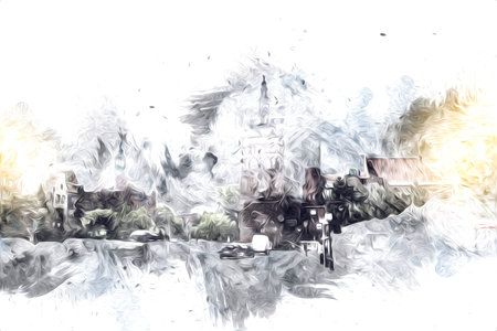 Watercolor sketch or illustration of a beautiful view of the architecture of the city of Gdansk in...