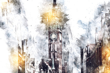Watercolor sketch or illustration of a beautiful view of the architecture of the city of Gdansk in...