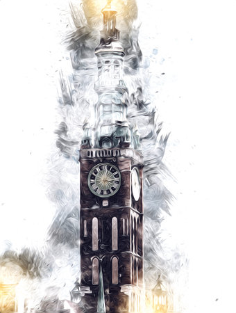 Watercolor sketch or illustration of a beautiful view of the architecture of the city of Gdansk in...