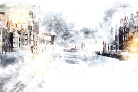 Watercolor sketch or illustration of a beautiful view of the architecture of the city of Gdansk in Polandの写真素材