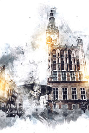 Watercolor sketch or illustration of a beautiful view of the architecture of the city of Gdansk in Polandの写真素材