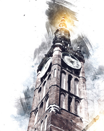 Watercolor sketch or illustration of a beautiful view of the architecture of the city of Gdansk in...