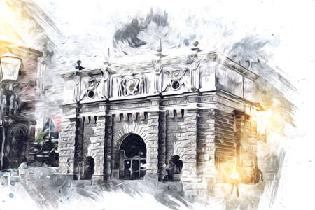 Watercolor sketch or illustration of a beautiful view of the architecture of the city of Gdansk in Polandの写真素材