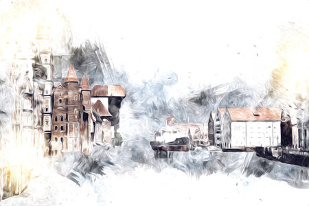 Watercolor sketch or illustration of a beautiful view of the architecture of the city of Gdansk in...