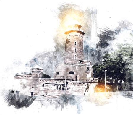 hand drawn watercolor lighthouse illustration art vintage drawing sketchの写真素材