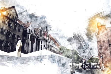 kolobrzeg old city, town hall, poland art illustration drawing sketchの写真素材