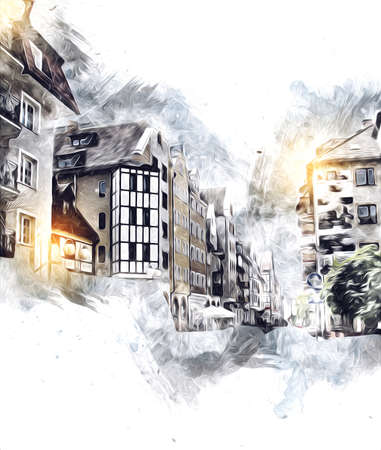 kolobrzeg old city, town hall, poland art illustration drawing sketchの写真素材