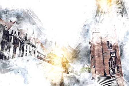 kolobrzeg old city, town hall, poland art illustration drawing sketchの写真素材