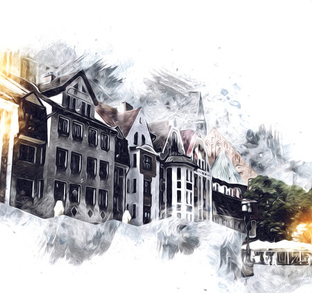 kolobrzeg old city, town hall, poland art illustration drawing sketch