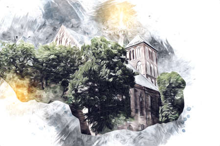 kolobrzeg old city, town hall, poland art illustration drawing sketchの写真素材