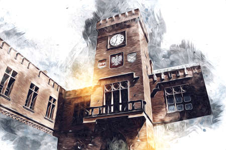 kolobrzeg old city, town hall, poland art illustration drawing sketchの写真素材