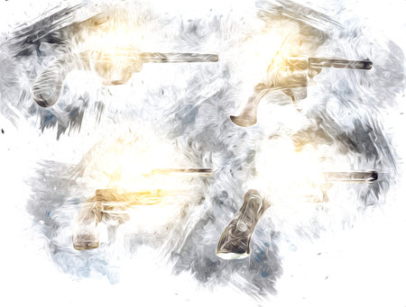Revolver, hand drawn vintage gun illustration. Engraving style old pistols set