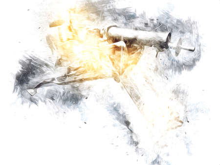 Revolver, hand drawn vintage gun illustration. Engraving style old pistols setの写真素材