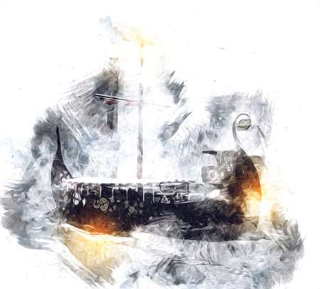 Pirate ship sailing on the sea illustration art drawing sketch vintageの写真素材