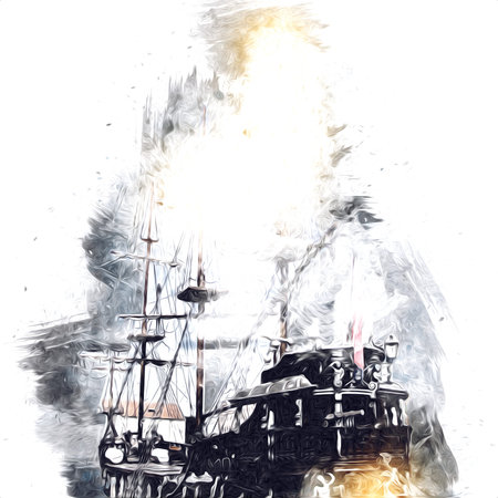 Pirate ship sailing on the sea illustration art drawing sketch vintageの写真素材