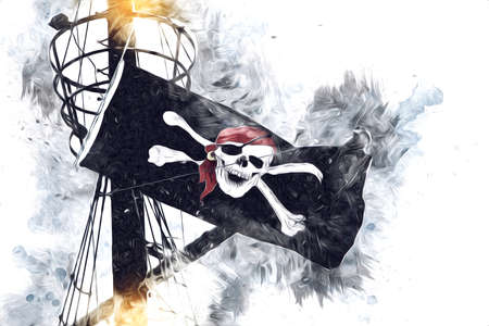 Skull and bones on a pirate flag, art illustration drawing sketch vintageの写真素材