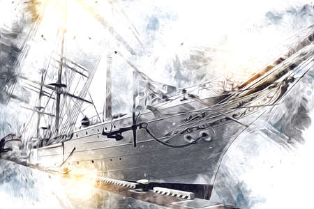 Antique boat sea motive drawing handmade illustration art vintage drawingの写真素材