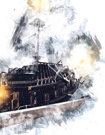 Antique boat sea motive drawing handmade illustration art vintage drawingの写真素材