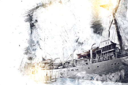 Antique boat sea motive drawing handmade illustration art vintage drawingの写真素材