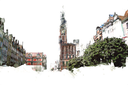 Watercolor sketch or illustration of a beautiful view of the architecture of the city of Gdansk in...