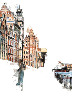 Watercolor sketch or illustration of a beautiful view of the architecture of the city of Gdansk in...